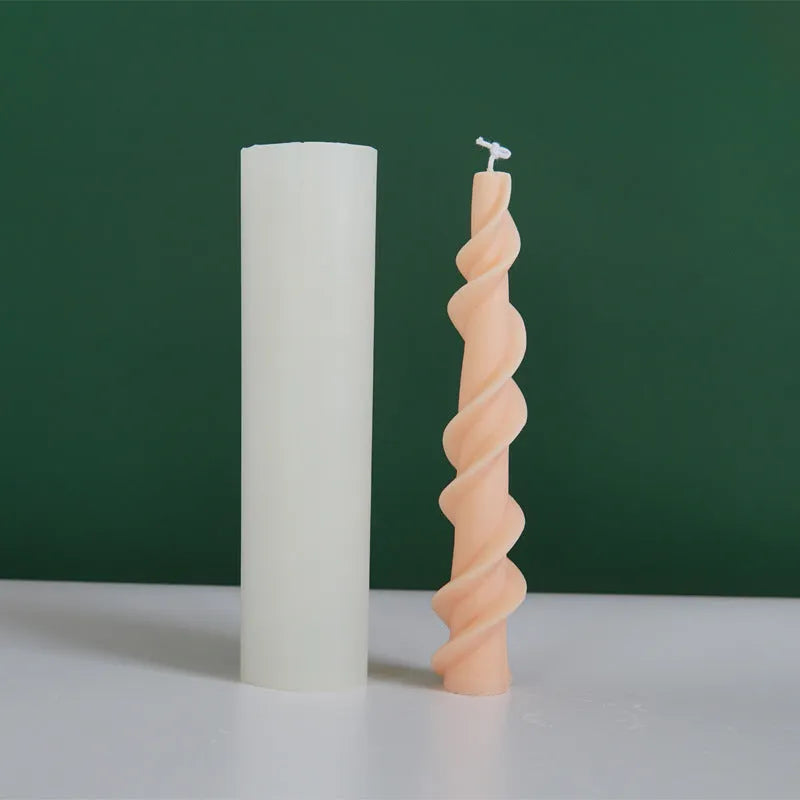 Close-up of a spiral lace rod silicone candle mould in photo colour for making textured pillar candles.