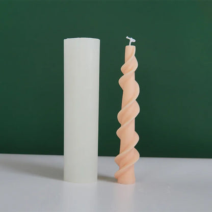Close-up of a spiral lace rod silicone candle mould in photo colour for making textured pillar candles.