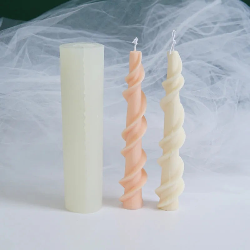 Close-up of a spiral lace rod silicone candle mould in photo colour for making textured pillar candles.