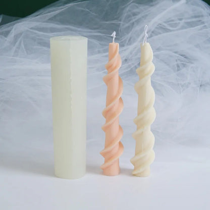 Close-up of a spiral lace rod silicone candle mould in photo colour for making textured pillar candles.