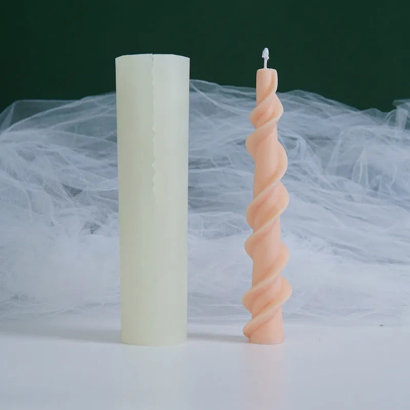 Close-up of a spiral lace rod silicone candle mould in photo colour for making textured pillar candles.