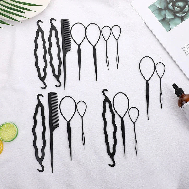 Braided hair travel suit with resin hair disc, comb, extension needle, and pattern hairdressing tool