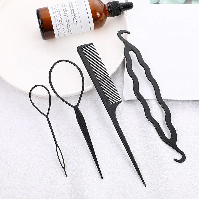 Braided hair travel suit with resin hair disc, comb, extension needle, and pattern hairdressing tool