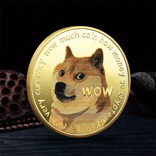 Gold Plated Dogecoin Commemorative Coin featuring a cute dog pattern, perfect for collectors and crypto enthusiasts.