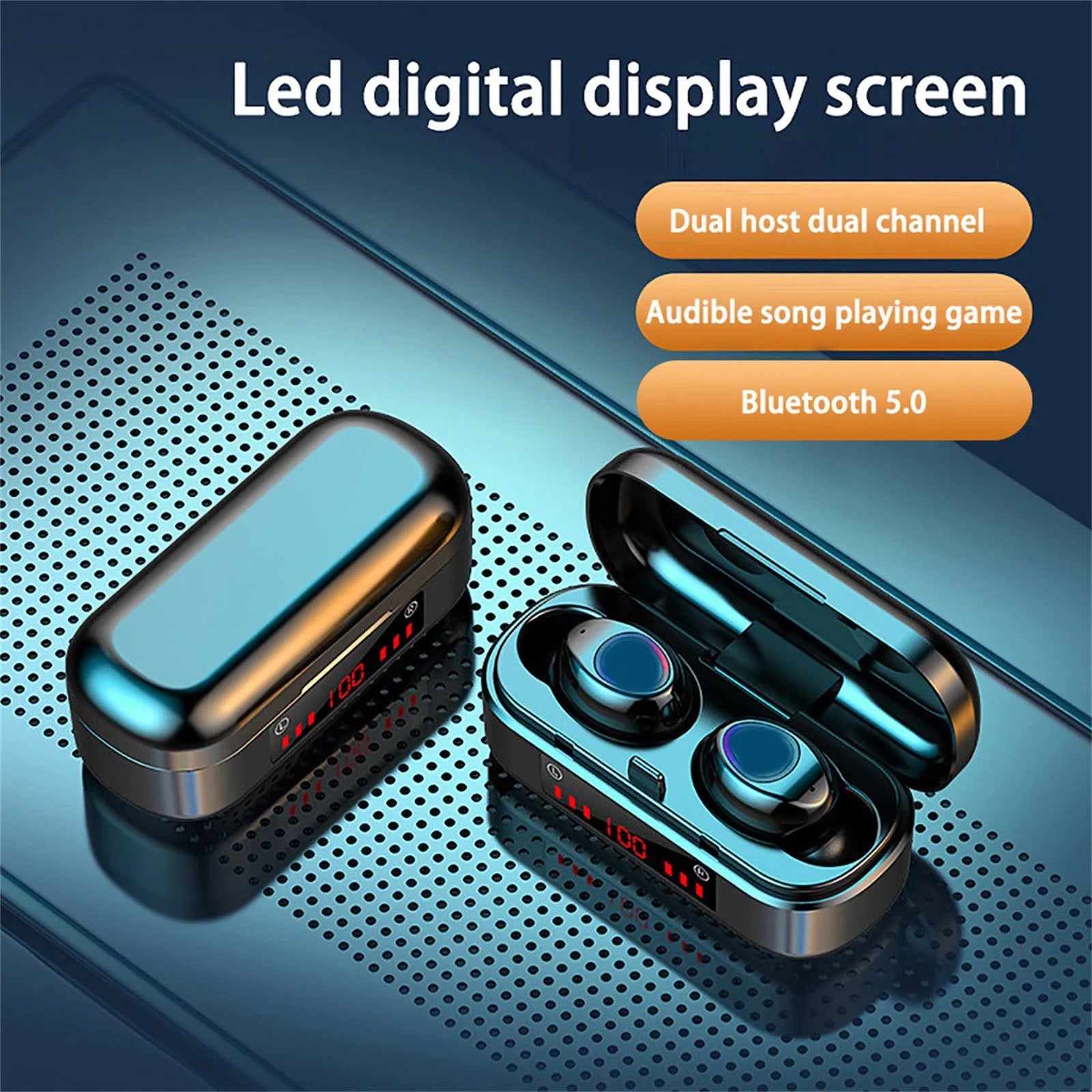 V7 LED button version wireless Bluetooth headphones with charging case and three ear cap sizes