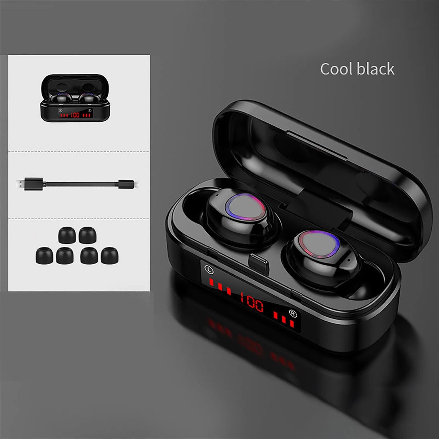 V7 LED button version wireless Bluetooth headphones with charging case and three ear cap sizes