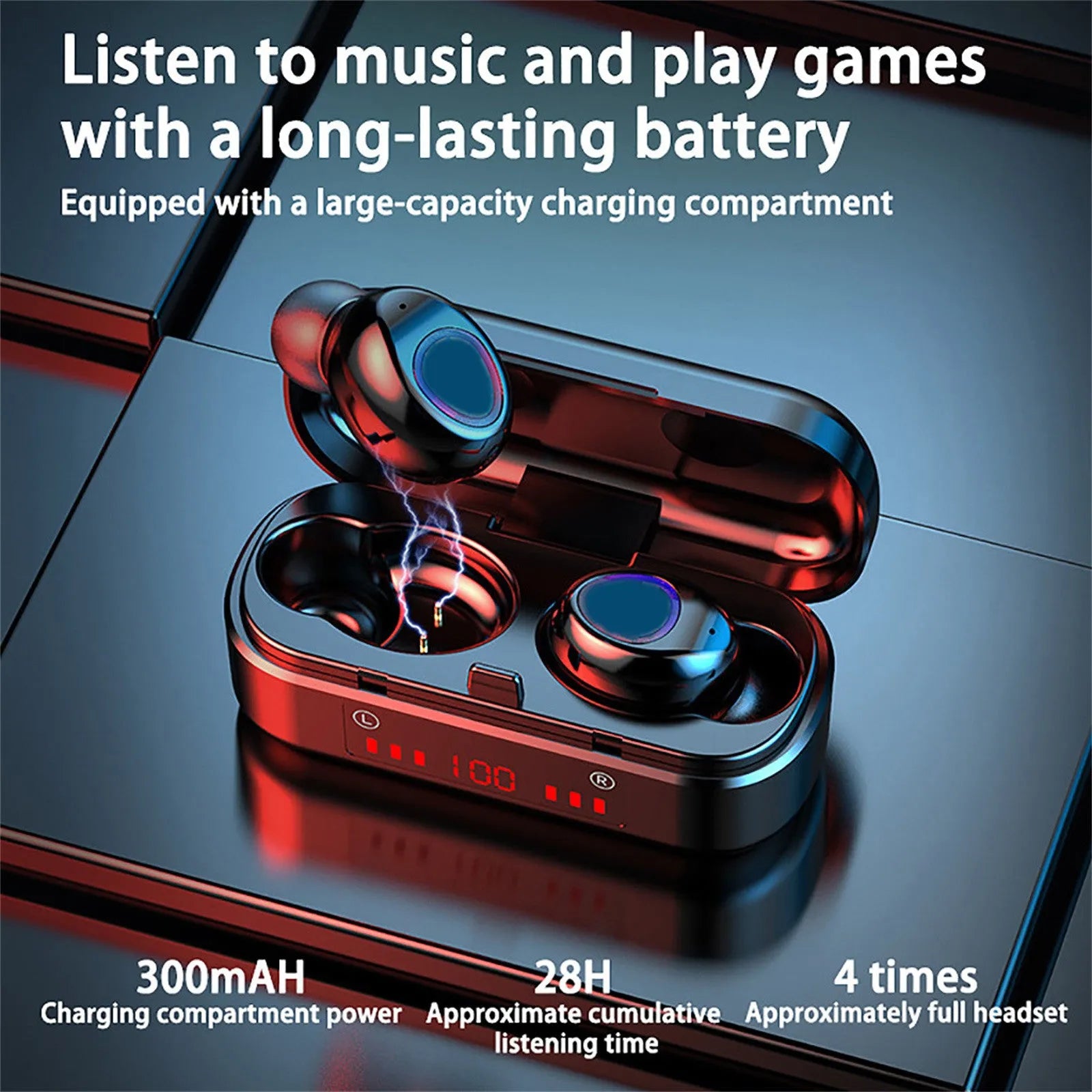 V7 LED button version wireless Bluetooth headphones with charging case and three ear cap sizes