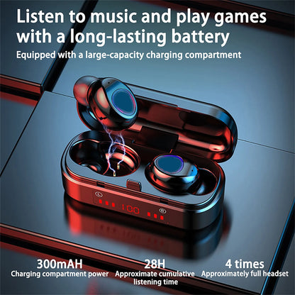 V7 LED button version wireless Bluetooth headphones with charging case and three ear cap sizes