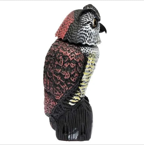 Lifelike owl decoy for garden pest control with 360-degree rotation