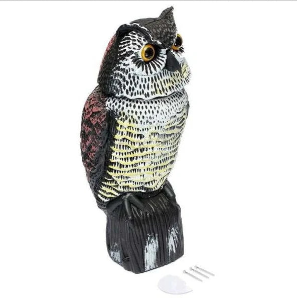 Lifelike owl decoy for garden pest control with 360-degree rotation