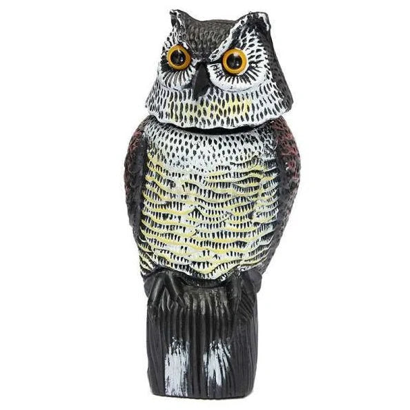 Lifelike owl decoy for garden pest control with 360-degree rotation