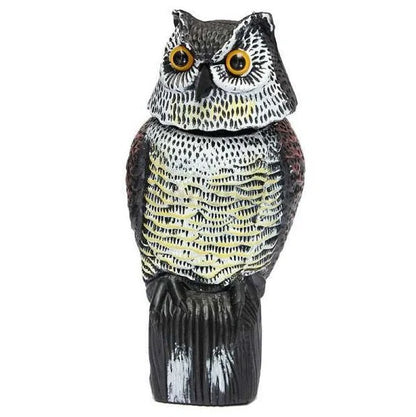 Lifelike owl decoy for garden pest control with 360-degree rotation