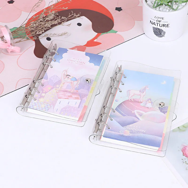 Metal loose leaf binder with PVC cover in blue or pink, showing side storage bag.