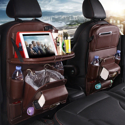 Multifunctional car organizer bag made of premium PU leather with various compartments and a built-in trash can feature