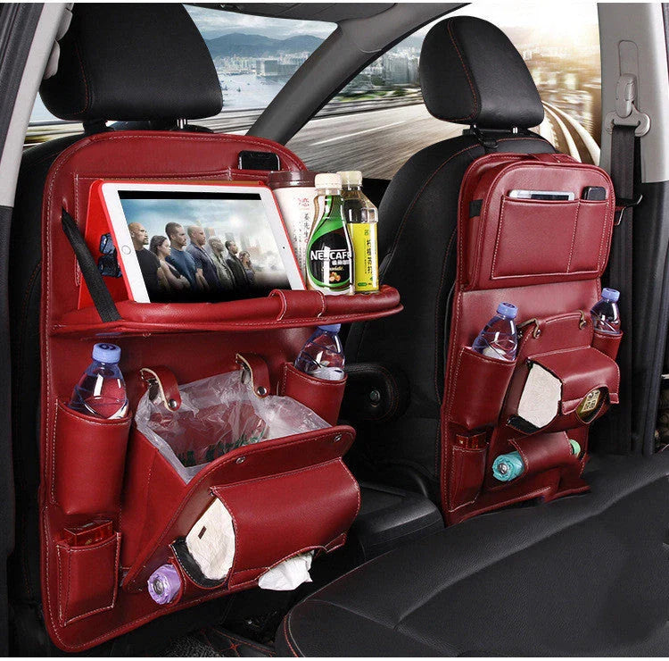 Multifunctional car organizer bag made of premium PU leather with various compartments and a built-in trash can feature