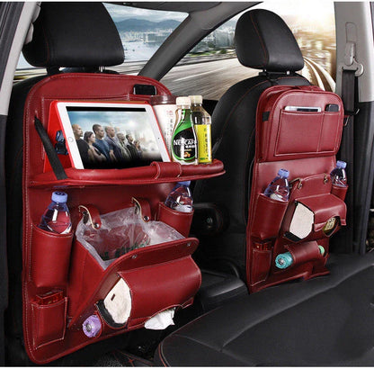 Multifunctional car organizer bag made of premium PU leather with various compartments and a built-in trash can feature