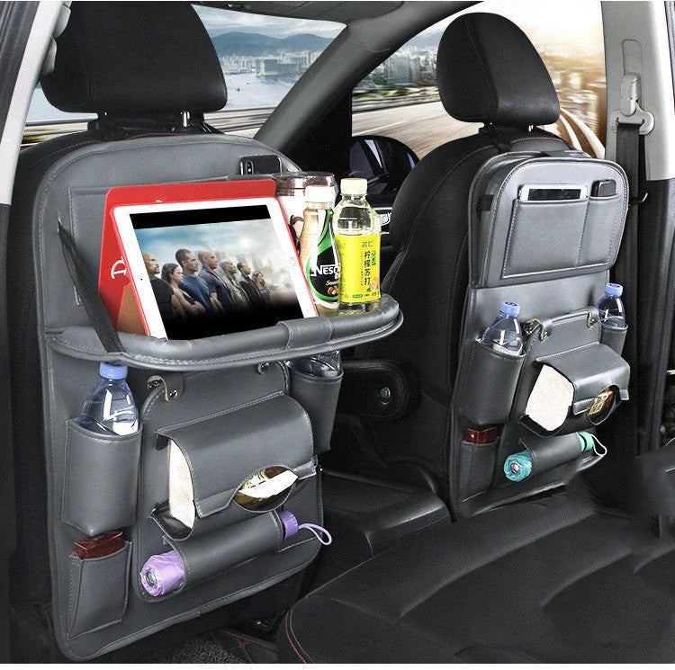 Multifunctional car organizer bag made of premium PU leather with various compartments and a built-in trash can feature