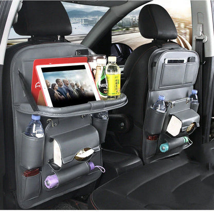 Multifunctional car organizer bag made of premium PU leather with various compartments and a built-in trash can feature