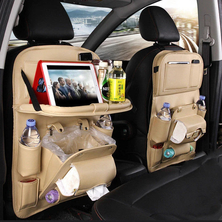 Multifunctional car organizer bag made of premium PU leather with various compartments and a built-in trash can feature