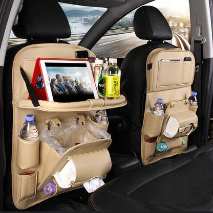 Multifunctional car organizer bag made of premium PU leather with various compartments and a built-in trash can feature