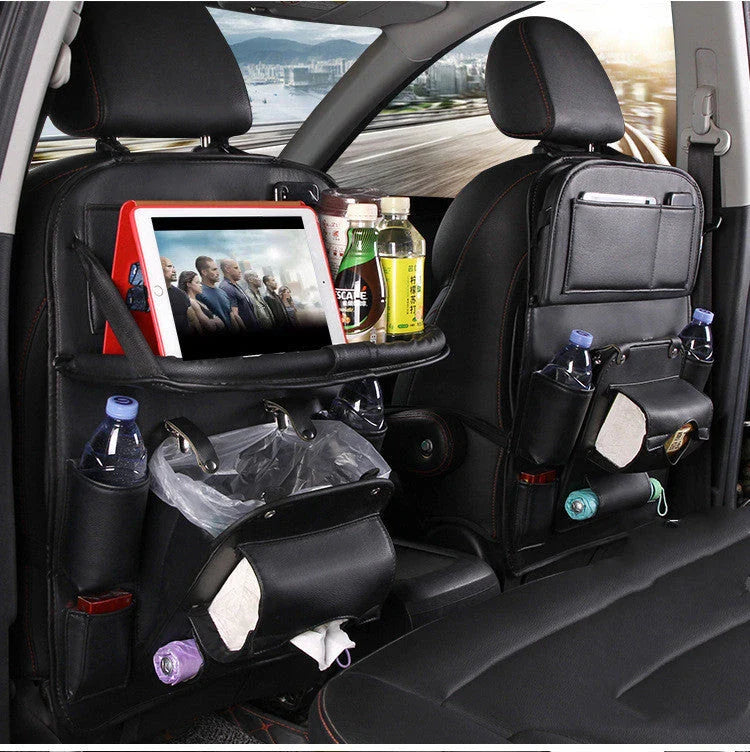 Multifunctional car organizer bag made of premium PU leather with various compartments and a built-in trash can feature