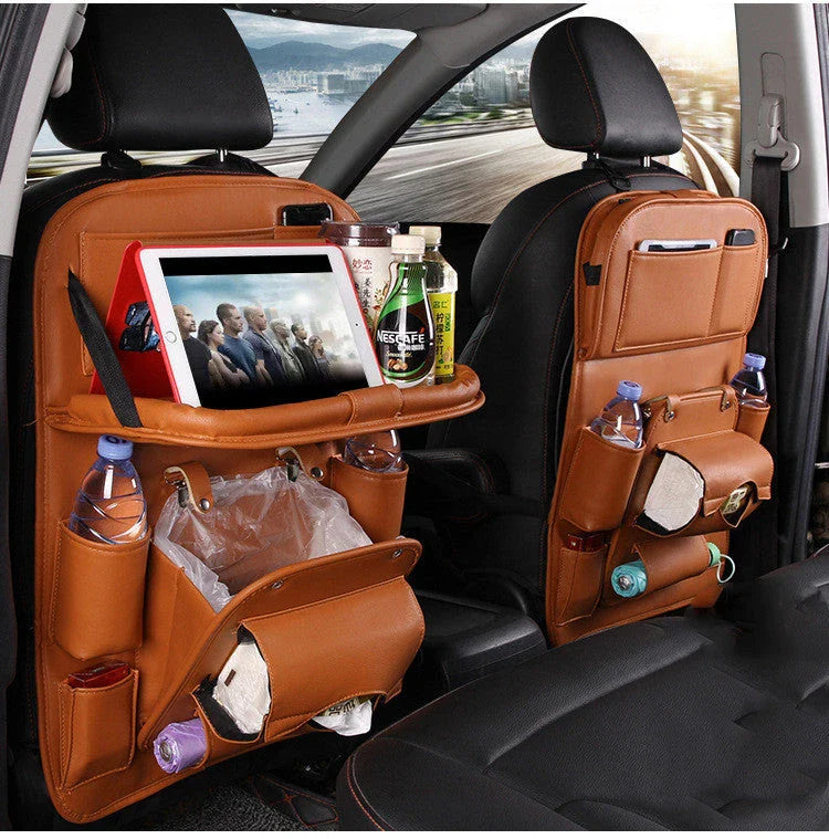 Multifunctional car organizer bag made of premium PU leather with various compartments and a built-in trash can feature