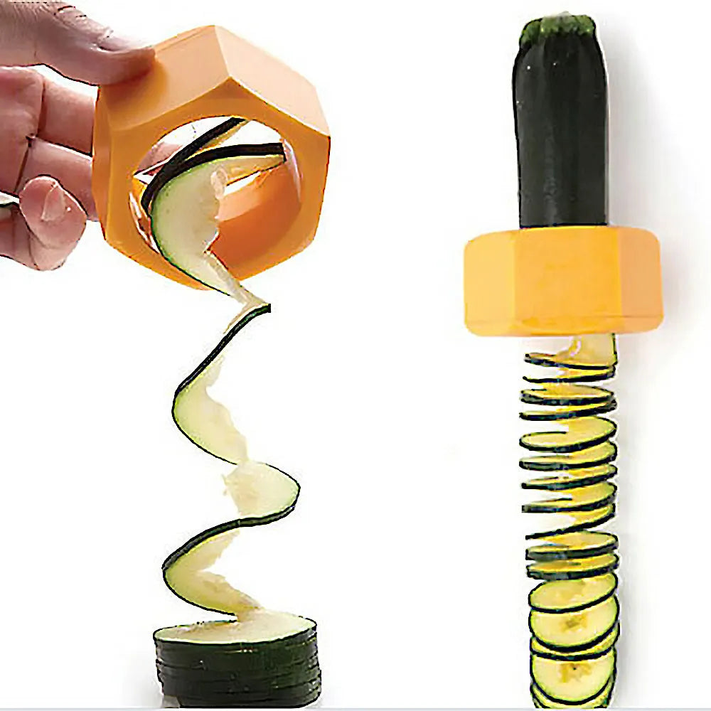 Yellow and green kitchen vegetable cutter creating cucumber spirals with food-grade ABS plastic construction