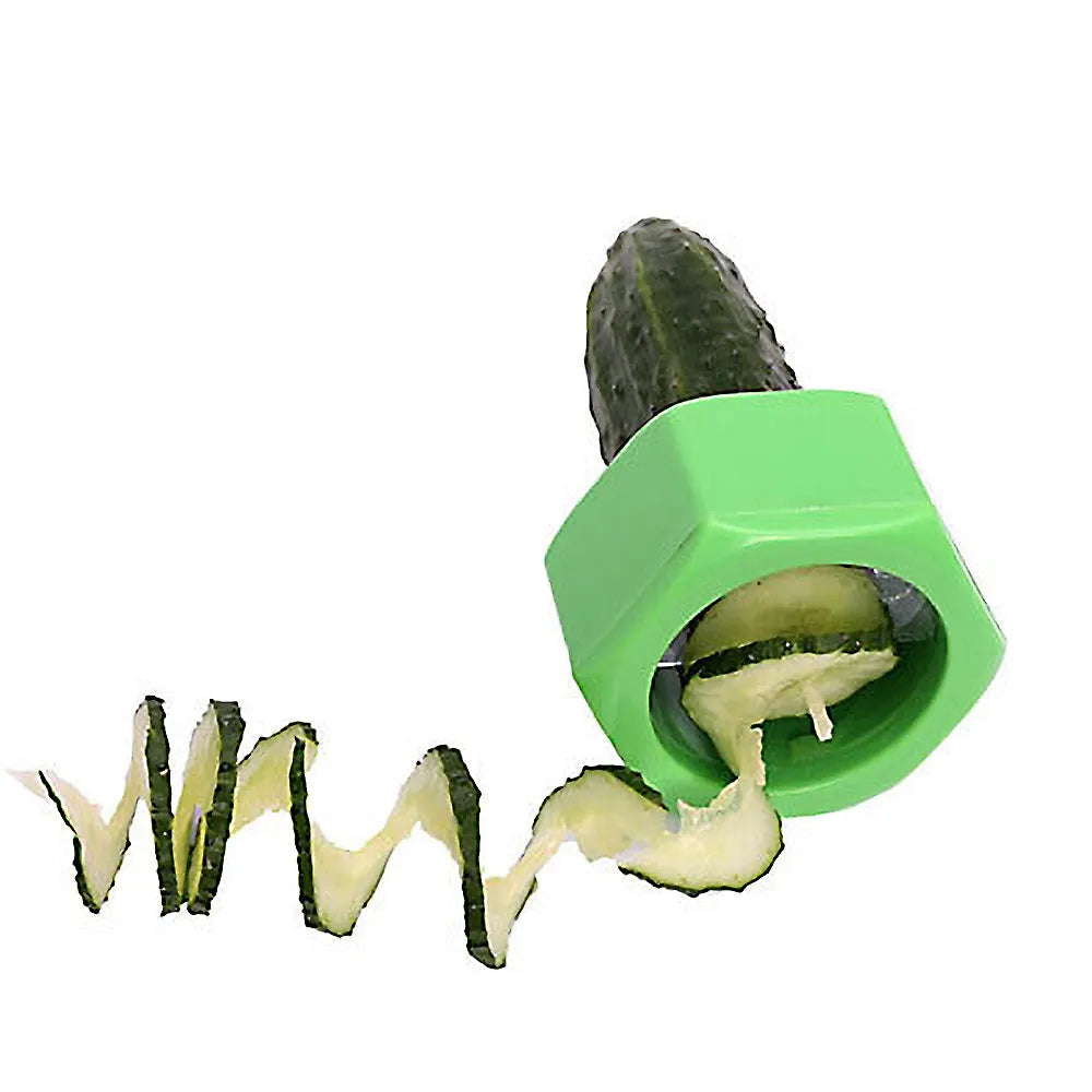 Yellow and green kitchen vegetable cutter creating cucumber spirals with food-grade ABS plastic construction