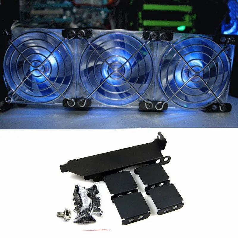 Graphics card cooling fan bracket for 8cm or 9cm case fan mounting in metal construction
