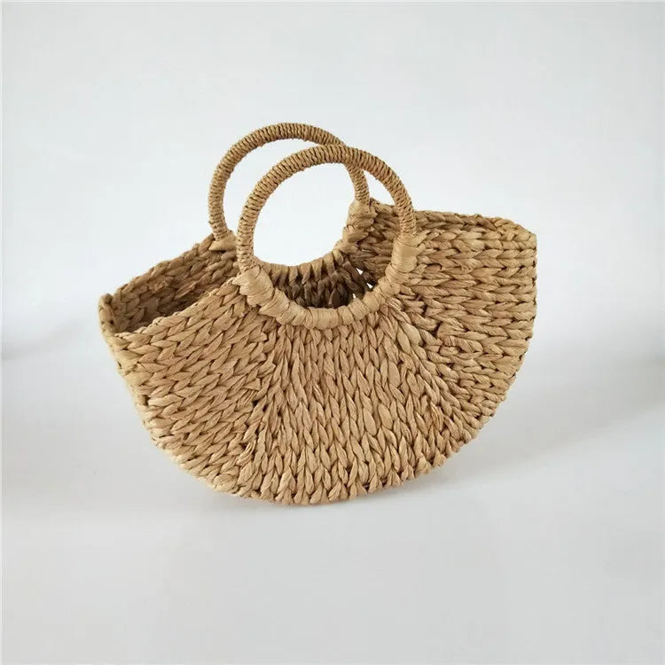 Women's Rattan Woven Handbag Half-Round Straw Tote Bag Large Capacity Open Top Casual Travel Bag 39cm Wide 20cm High 0.4kg with 15cm Handle in Black and White Khaki or White