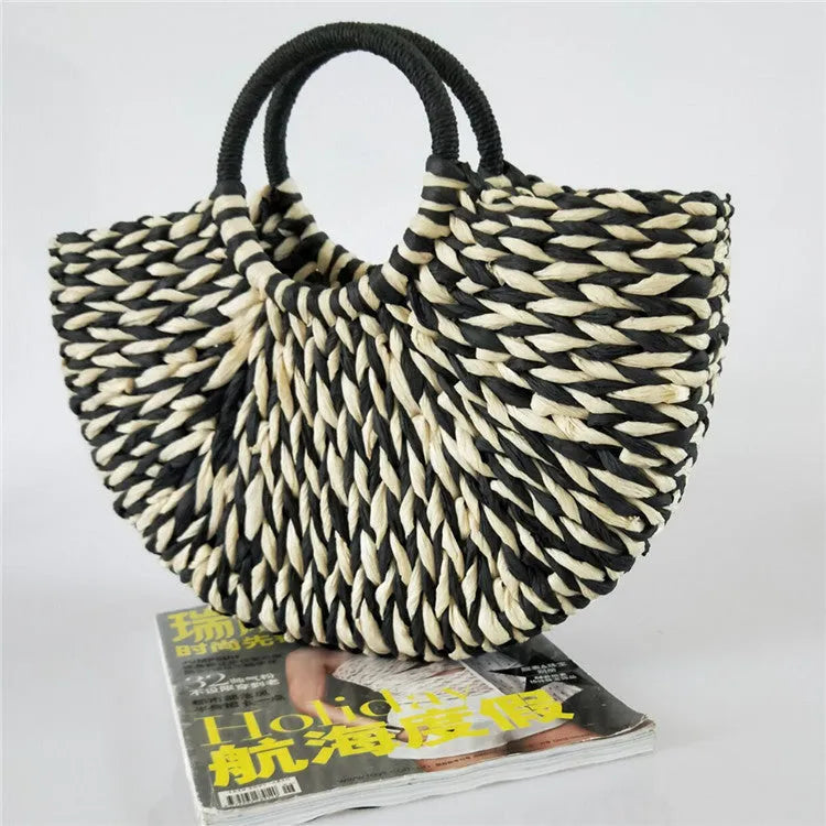 Women's rattan woven half-round handbag with 15cm handle, 39cm mouth, 20cm height, 0.4kg weight, open top.