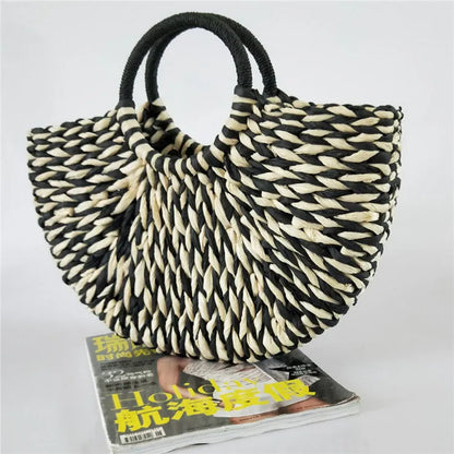 Women's rattan woven half-round handbag with 15cm handle, 39cm mouth, 20cm height, 0.4kg weight, open top.