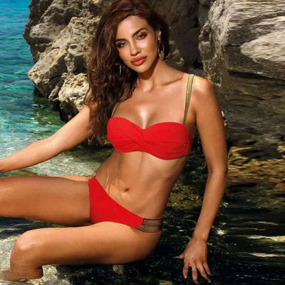 Stylish mid-waist bandeau bikini sets in a variety of solid colors including white, red, green, purple, wine red, army green, and black