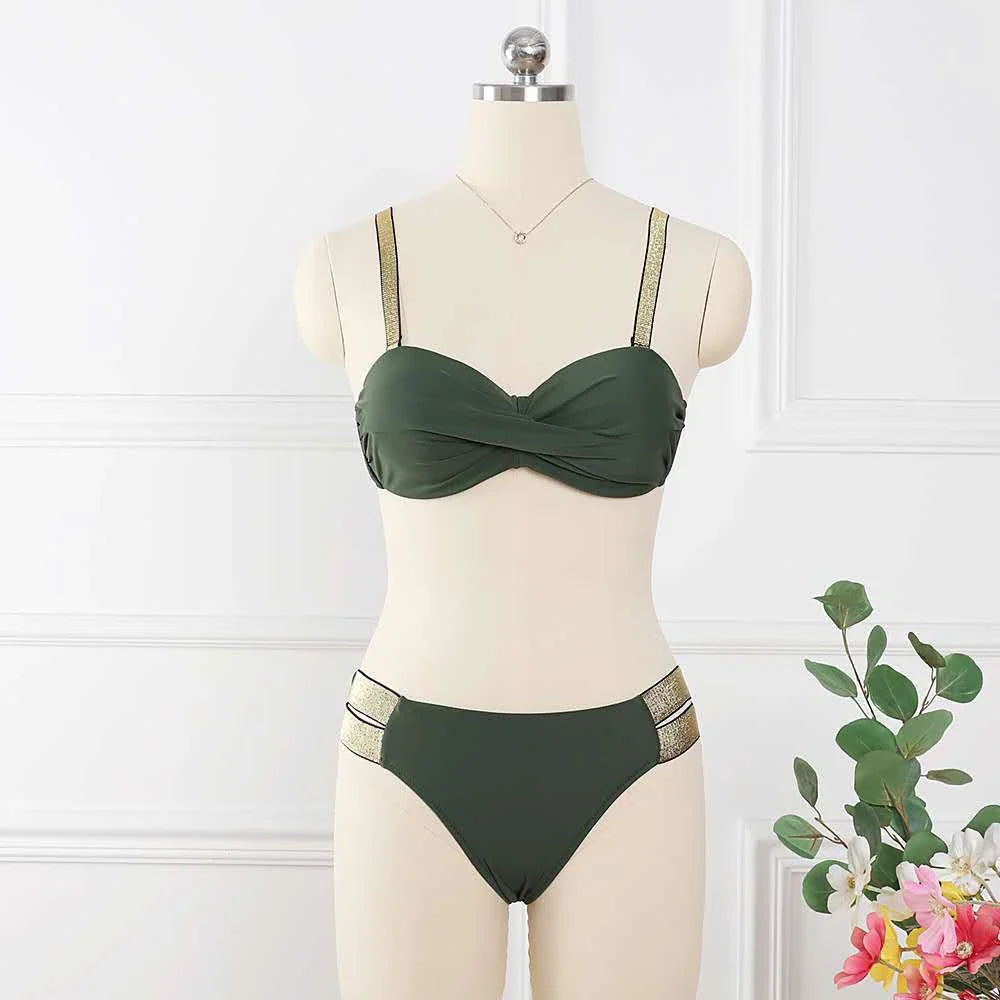 Stylish mid-waist bandeau bikini sets in a variety of solid colors including white, red, green, purple, wine red, army green, and black