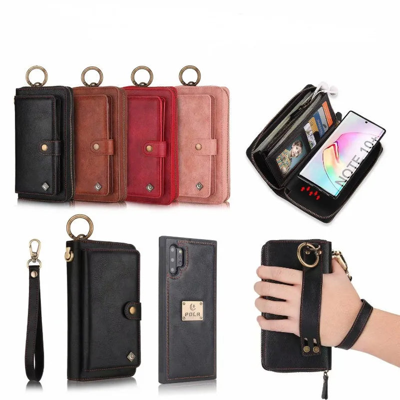 Black PU leather mobile phone wallet case with a zip closure, shown next to cards.