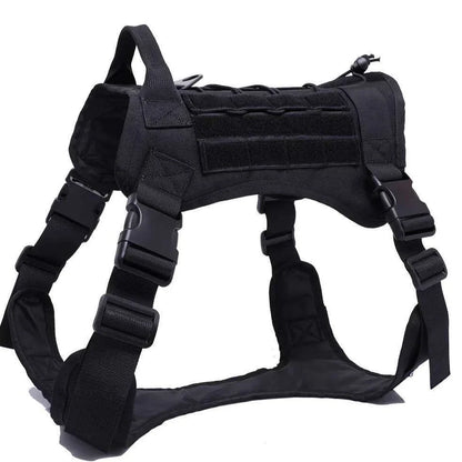 Military tactical dog harness vest in army green camouflage, adjustable for chests 66-86cm, with reinforced handle for service pets