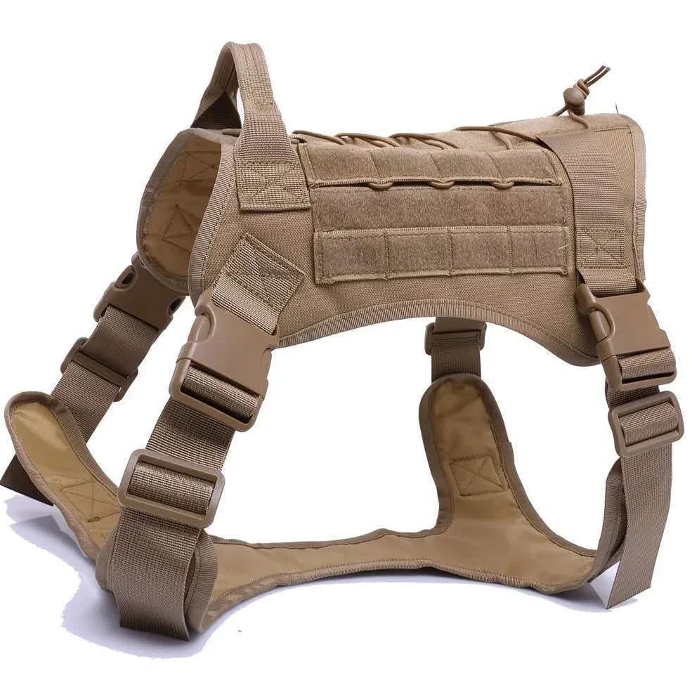 Military tactical dog harness vest in army green camouflage, adjustable for chests 66-86cm, with reinforced handle for service pets