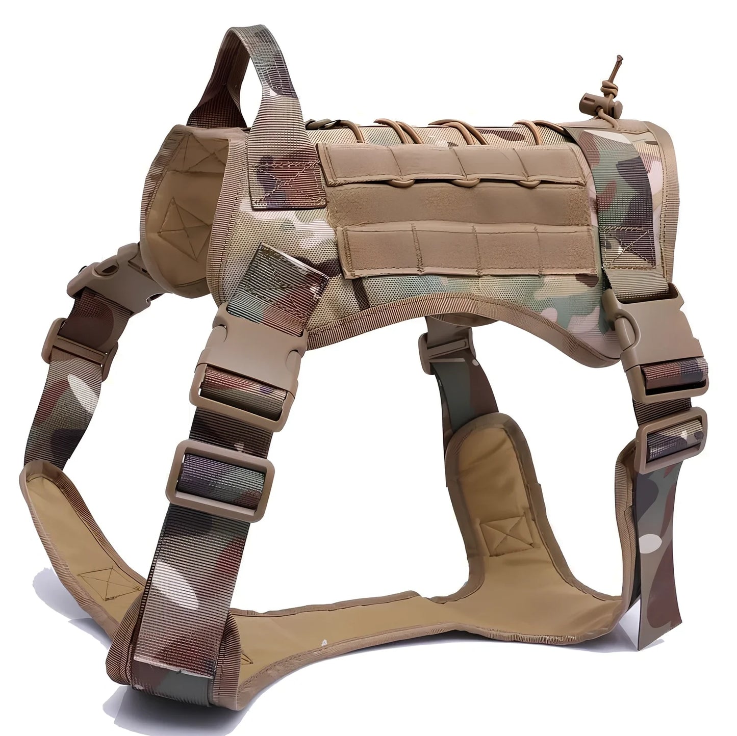 Military tactical dog harness vest in army green camouflage, adjustable for chests 66-86cm, with reinforced handle for service pets