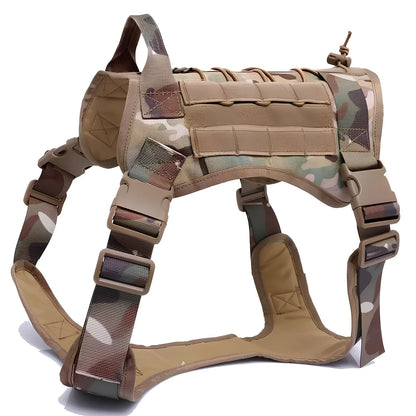 Military tactical dog harness vest in army green camouflage, adjustable for chests 66-86cm, with reinforced handle for service pets