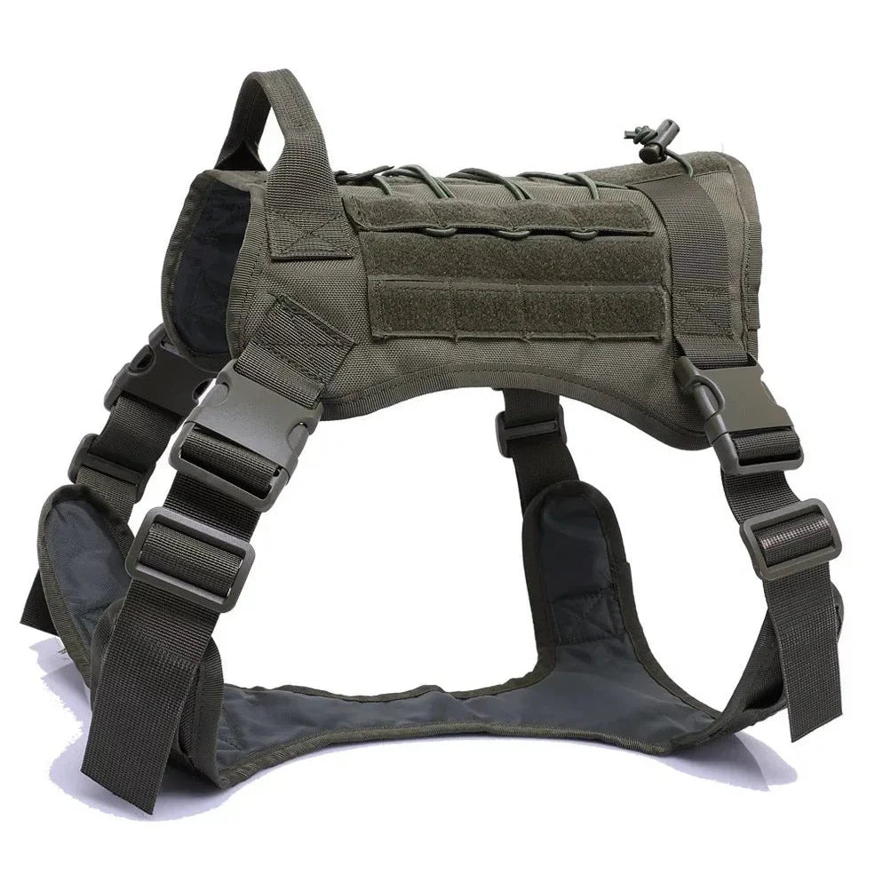 Military tactical dog harness vest in army green camouflage, adjustable for chests 66-86cm, with reinforced handle for service pets