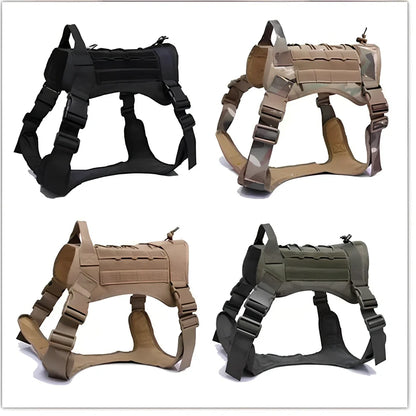 Military tactical dog harness vest in army green camouflage, adjustable for chests 66-86cm, with reinforced handle for service pets