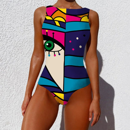 Stylish one-piece swimsuit featuring a vintage-inspired abstract print design for a bold, fashionable look