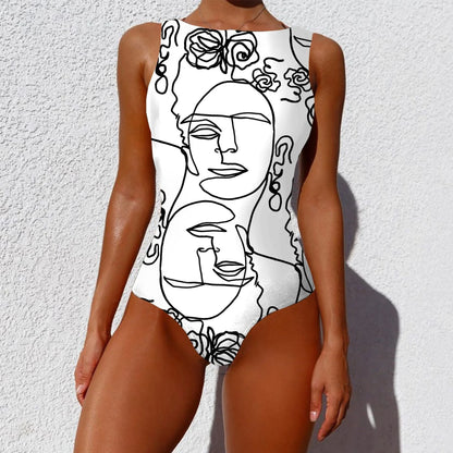 Stylish one-piece swimsuit featuring a vintage-inspired abstract print design for a bold, fashionable look