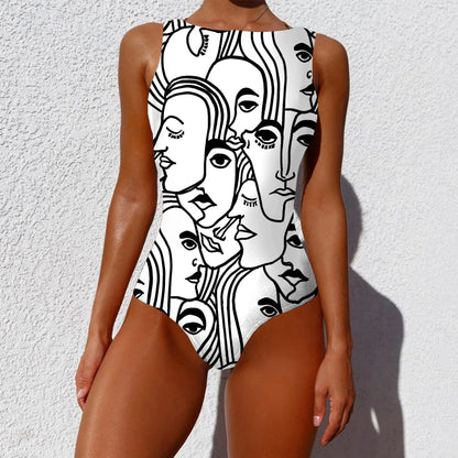 Stylish one-piece swimsuit featuring a vintage-inspired abstract print design for a bold, fashionable look