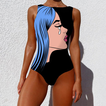 Stylish one-piece swimsuit featuring a vintage-inspired abstract print design for a bold, fashionable look
