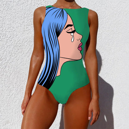 Stylish one-piece swimsuit featuring a vintage-inspired abstract print design for a bold, fashionable look