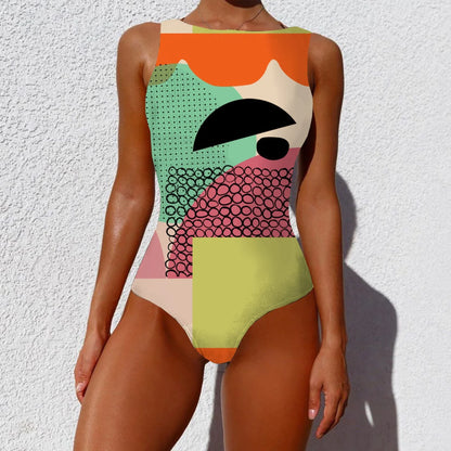 Stylish one-piece swimsuit featuring a vintage-inspired abstract print design for a bold, fashionable look