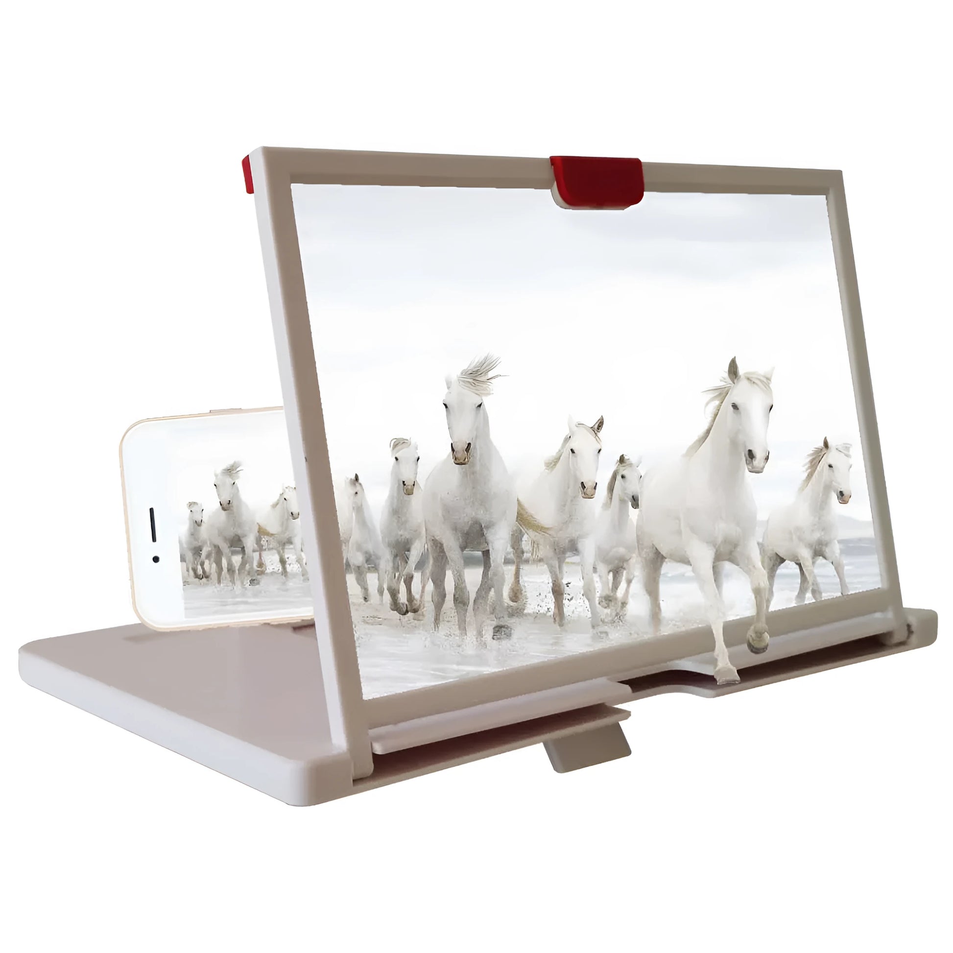 Red, black or white mobile phone screen magnifier with desktop holder in 10 or 12 inch size
