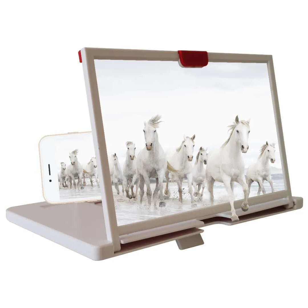 Red, black or white mobile phone screen magnifier with desktop holder in 10 or 12 inch size