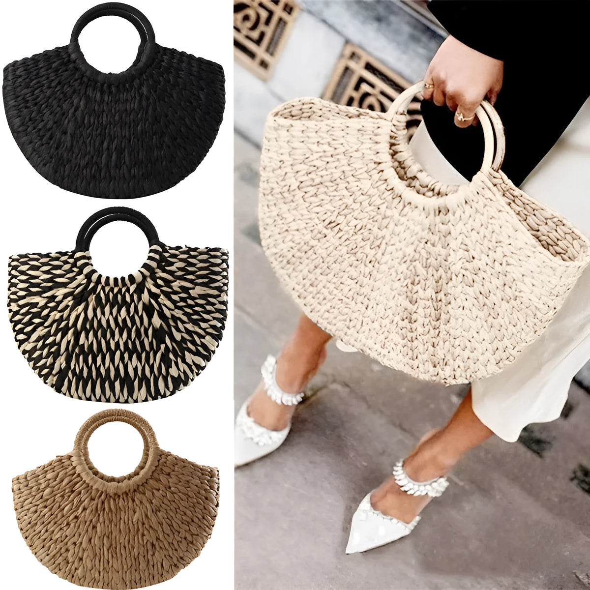 Women's rattan woven half-round handbag with 15cm handle, 39cm mouth, 20cm height, 0.4kg weight, open top.